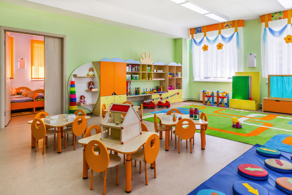 The interior of an early childhood classroom.