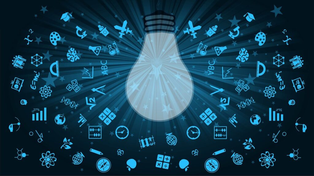 lightbulb surrounded by small brainstorm symbols